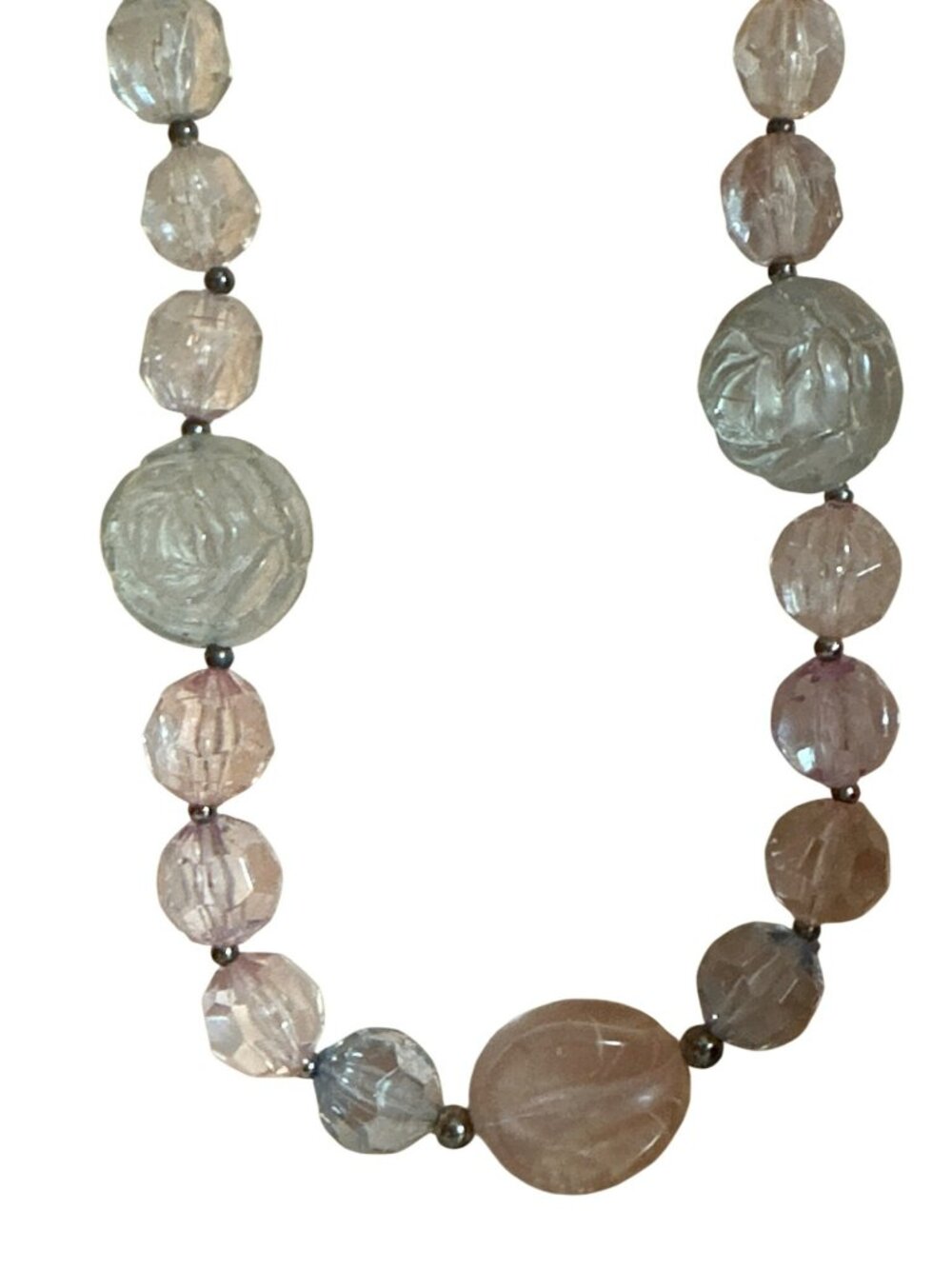 Vintage Pastel Multi-Color Plastic Bead Necklace Floral Carved Clear Beads 80s